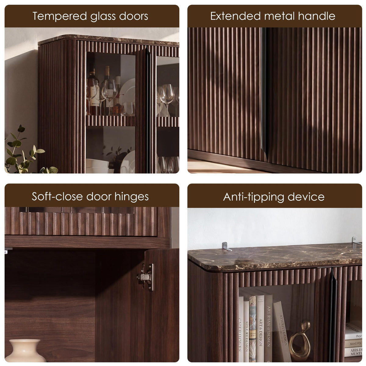Hvoonc 77" Tall Modern Fluted Storage Cabinet, Walnut Glass Door Accent Cabinet with Adjustable Shelves for Living Room Bedroom Office