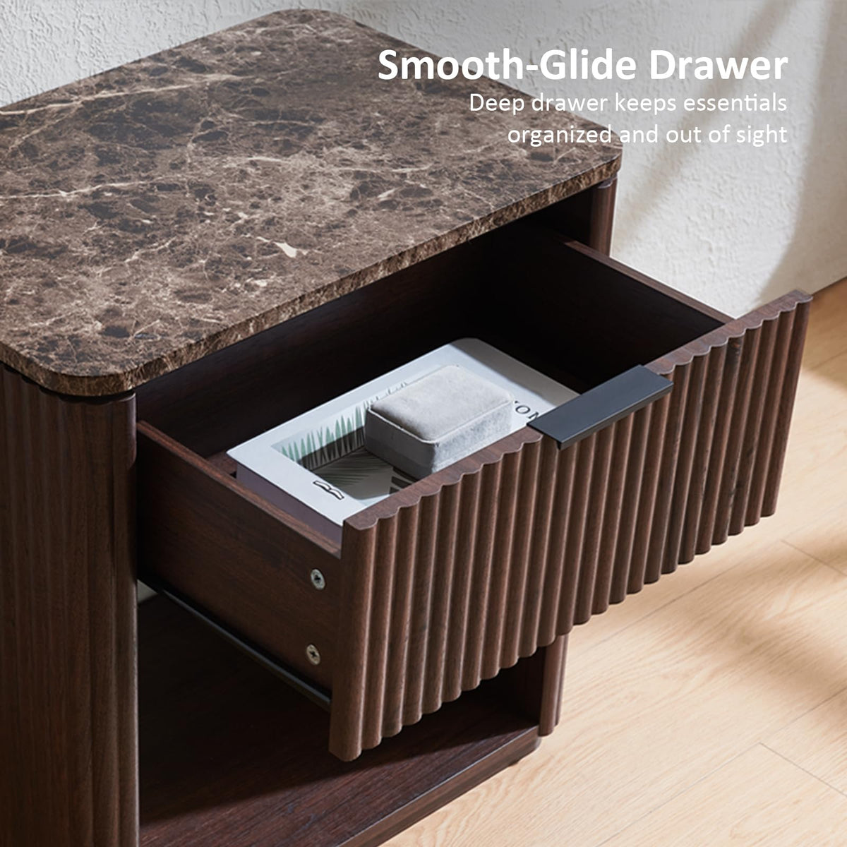 Hvoonc 24" Tall Fluted Walnut Modern Nightand Set of 2 with Drawer, Bedside Table with Faux Marble Top and Rounded Corners for Bedroom