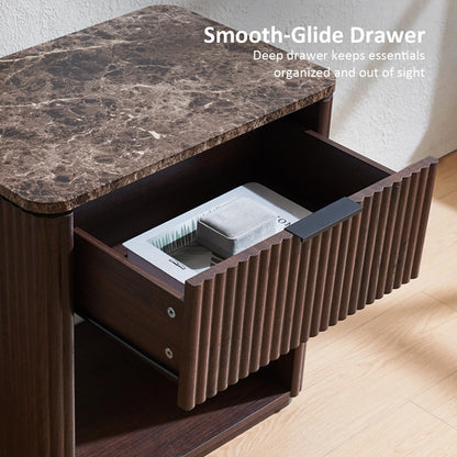 Hvoonc 24" Tall Fluted Walnut Modern Nightand Set of 2 with Drawer, Bedside Table with Faux Marble Top and Rounded Corners for Bedroom