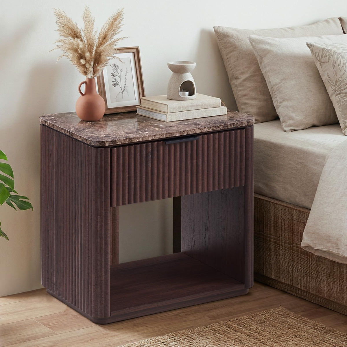 Hvoonc 24" Tall Fluted Walnut Modern Nightand Set of 2 with Drawer, Bedside Table with Faux Marble Top and Rounded Corners for Bedroom