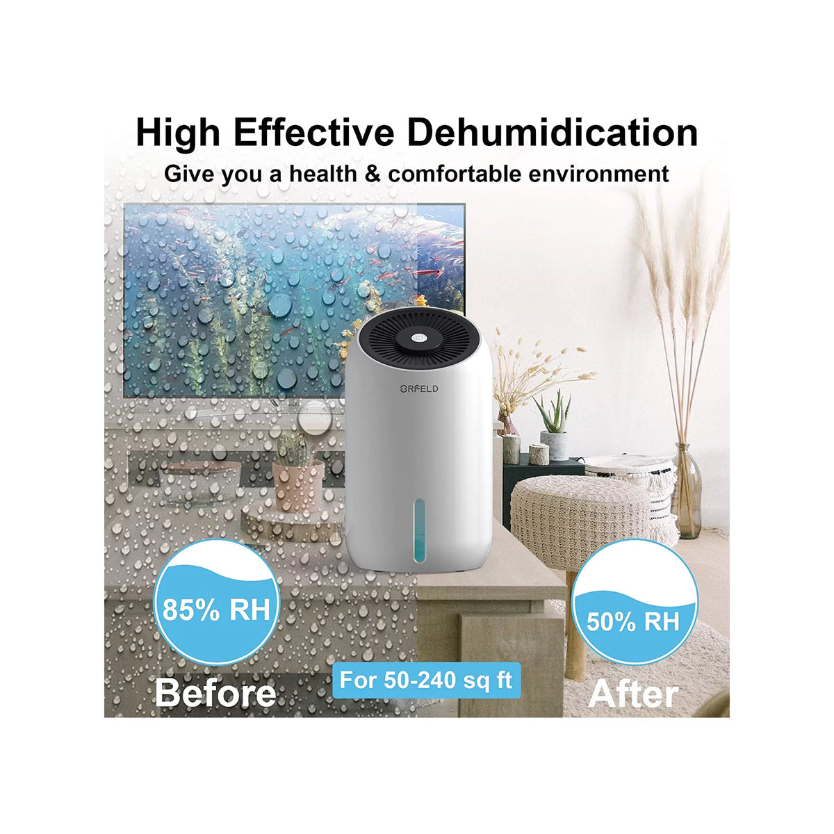 ORFELD Dehumidifier Combo, 30oz 860ml Dehumidifiers, 2200 Cubic Feet 240 Sq. Ft Portable Quiet Dehumidifier with 7 Colors LED Light for Basements, Bathroom, Bedroom