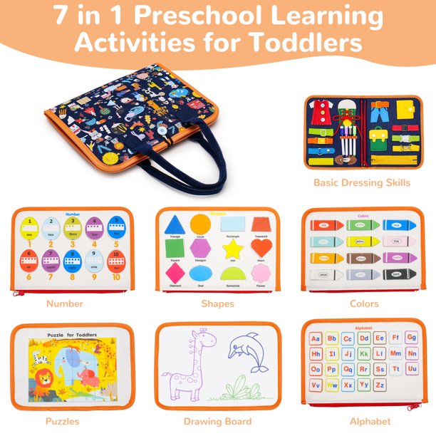 Montessori Educational Sensory Toys, 7 IN 1 Baby Busy Board, Preschool Learning Toys for Toddlers 1 2 3 4 Years Old
