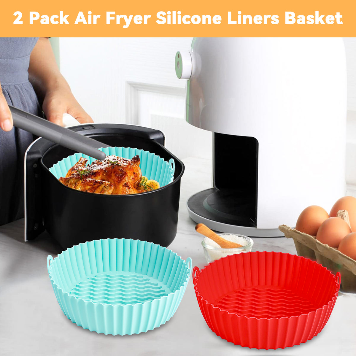 Air Fryer Silicone Pot, CAUTUM 2 Pack Reusable Baking Basket Kitchen Airfryer Liners